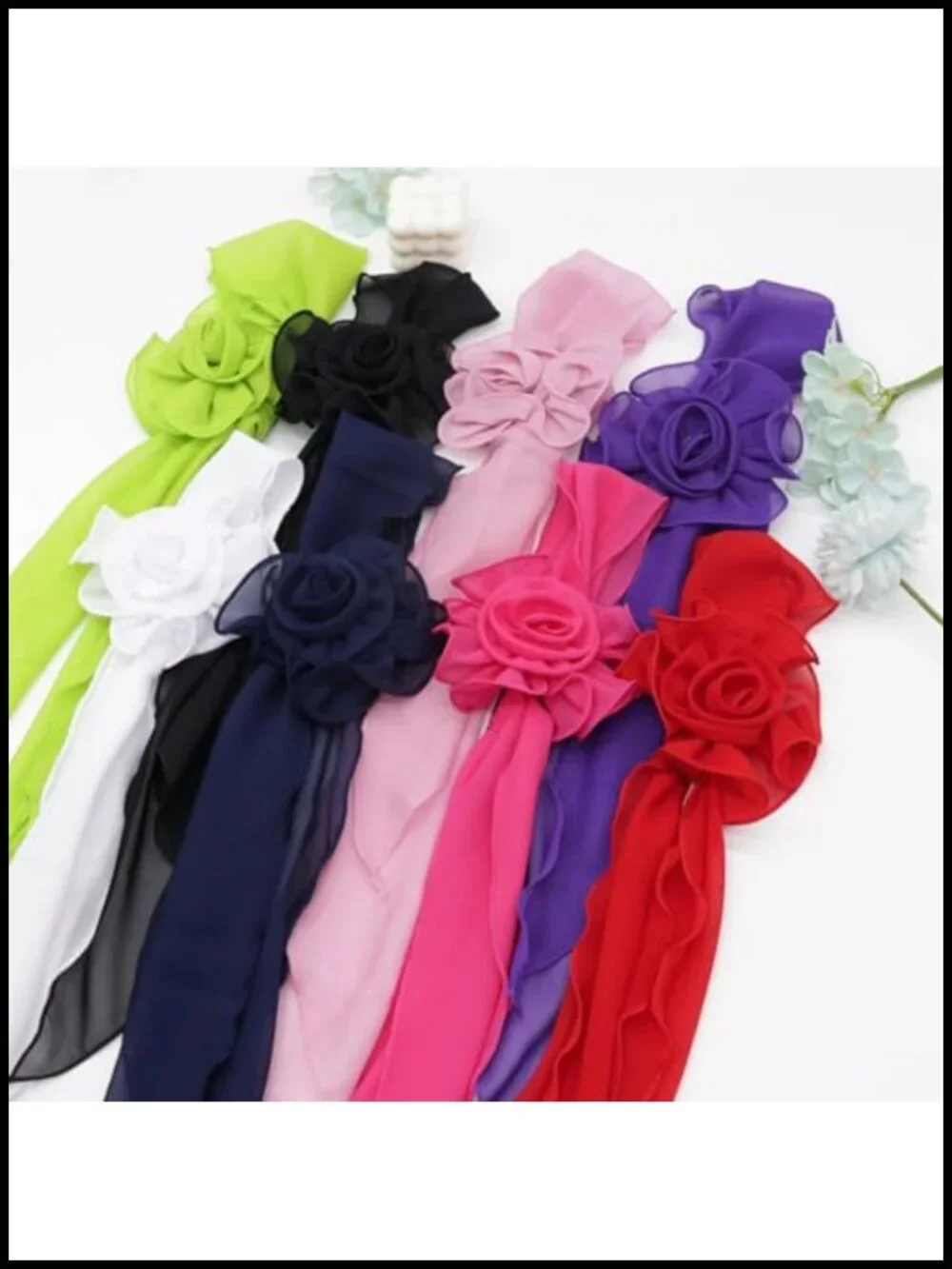Floral Skinny Small Neck Scarf for Women with Detachable Rose Clip, Lightweight